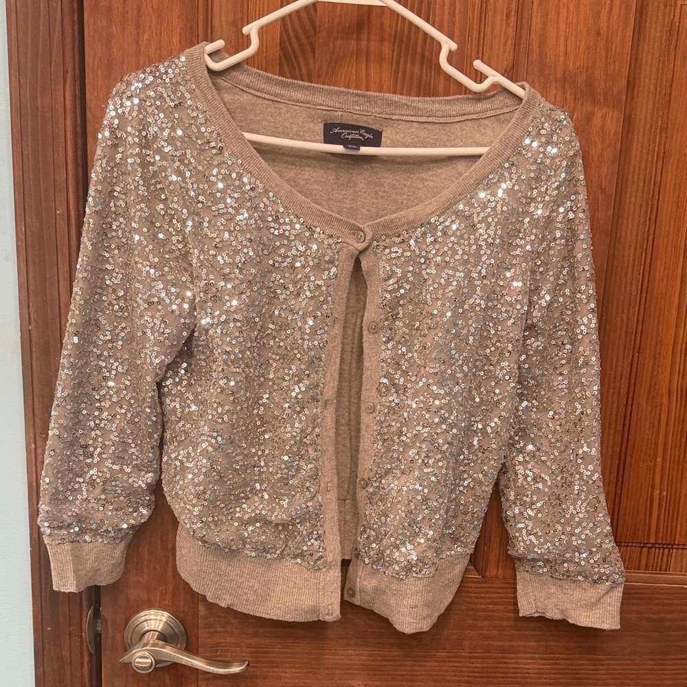 American Eagle Outfitters Sequin Cardigan in Tan and Silver